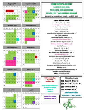 House Municipal Schools Calendar 2020-2021 Po Box