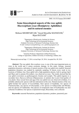 Some Bioecological Aspects of the Rose Aphid, Macrosiphum Rosae (Hemiptera: Aphididae) and Its Natural Enemies