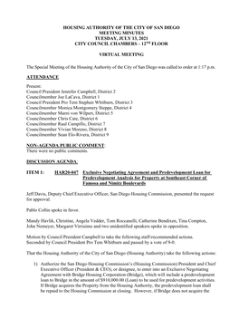 Housing Authority of the City of San Diego Meeting Minutes Tuesday, July 13, 2021 City Council Chambers – 12Th Floor