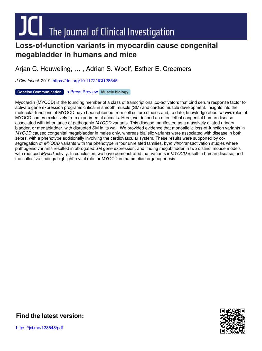 Loss-Of-Function Variants in Myocardin Cause Congenital Megabladder in Humans and Mice