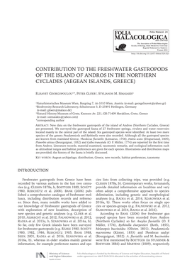 Contribution to the Freshwater Gastropods of the Island of Andros in the Northern Cyclades (Aegean Islands, Greece)