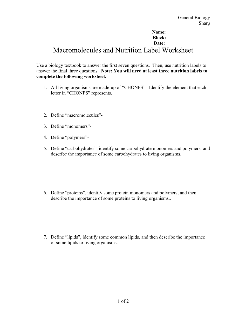 Macromolecules and Nutrition Label Worksheet