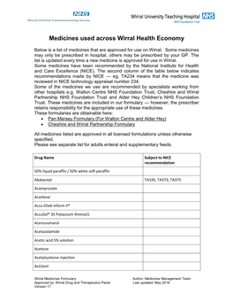 Medicines Used Across Wirral Health Economy