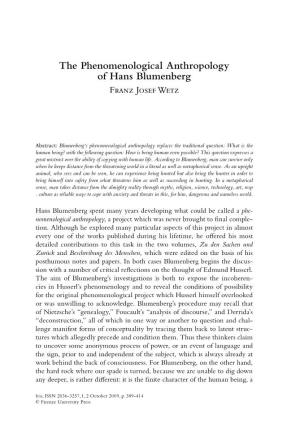 The Phenomenological Anthropology of Hans Blumenberg Franz Josef Wetz