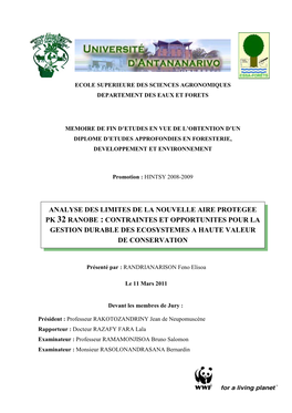 Analyse Des Limites De La Nouvelle Aire Protegee Pk 32 Ranobe : Contraintes Et Opportunites Pour La Gestion Durable Des Ecosystemes a Haute Valeur De Conservation