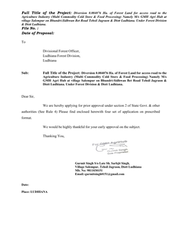 File No. : Date of Proposal: to Divisional Forest Officer, Ludhiana