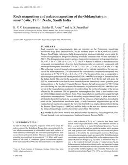 Rock Magnetism and Palaeomagnetism of the Oddanchatram Anorthosite, Tamil Nadu, South India ∗ K