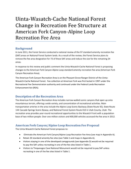 Uinta‐Wasatch‐Cache National Forest Change in Recreation Fee Structure at American Fork Canyon‐Alpine Loop Recreation Fee Area