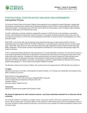 POSTDOCTORAL POSITION in PICO and DEAP-3600 EXPERIMENTS Astroparticle Physics