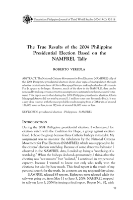 The True Results of the 2004 Philippine Presidential Election Based on the NAMFREL Tally