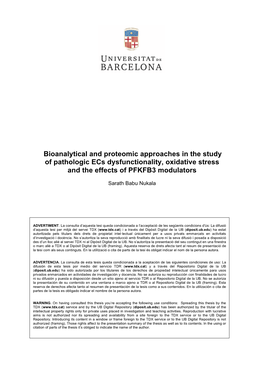 Bioanalytical and Proteomic Approaches in the Study of Pathologic Ecs Dysfunctionality, Oxidative Stress and the Effects of PFKFB3 Modulators