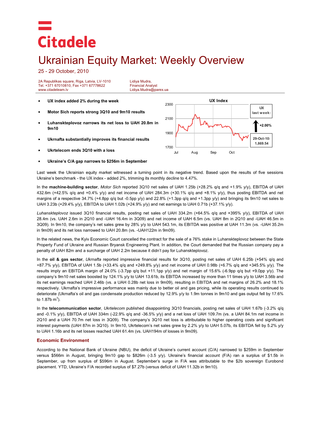 Ukrainian Equity Market: Weekly Overview 25 - 29 October, 2010