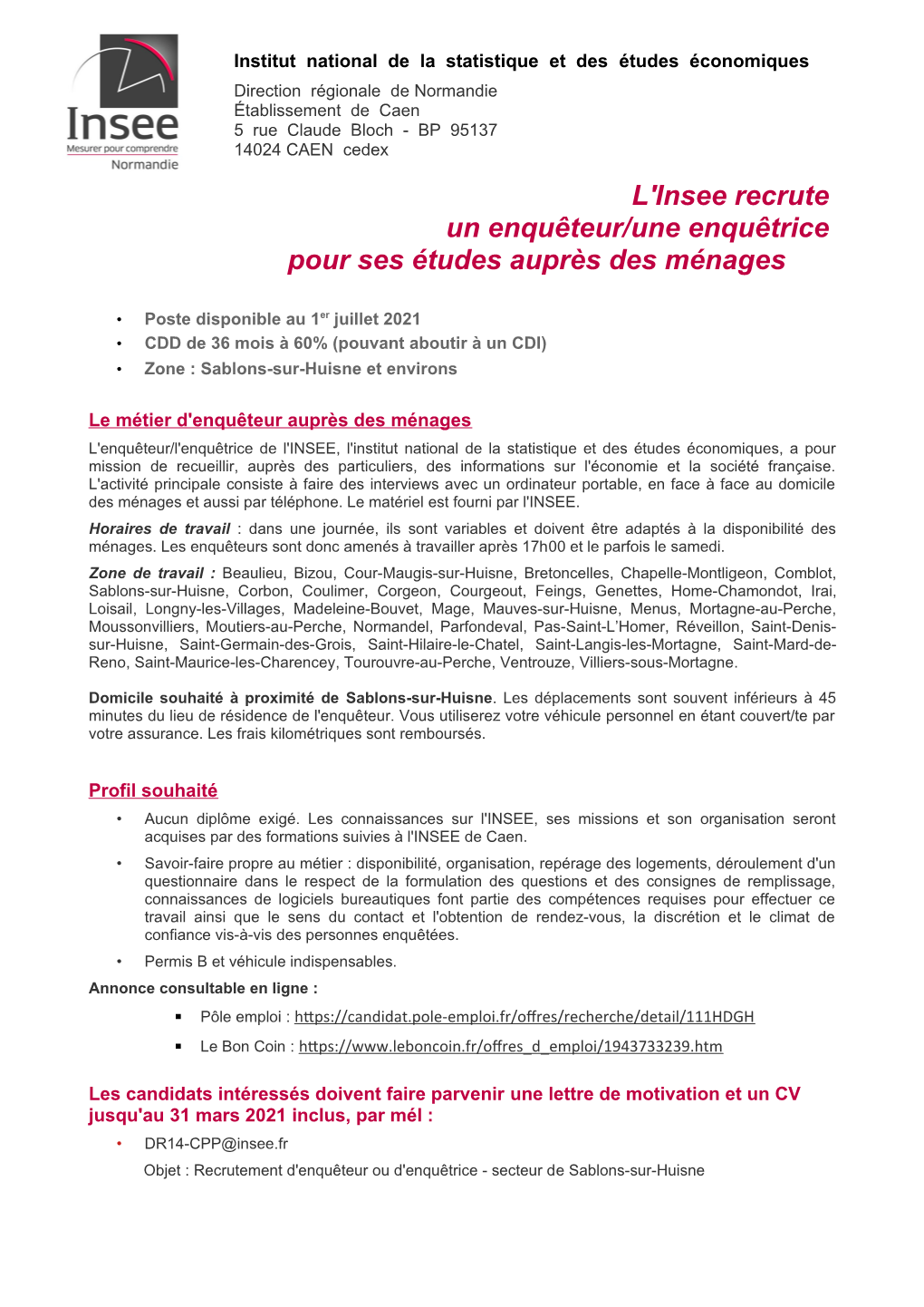 L'insee Recrute Un Enquêteur/Une Enquêtrice Pour Ses Études Auprès Des Ménages