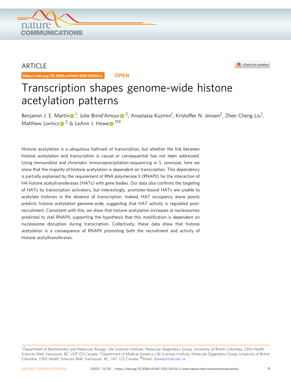 Transcription Shapes Genome-Wide Histone Acetylation Patterns