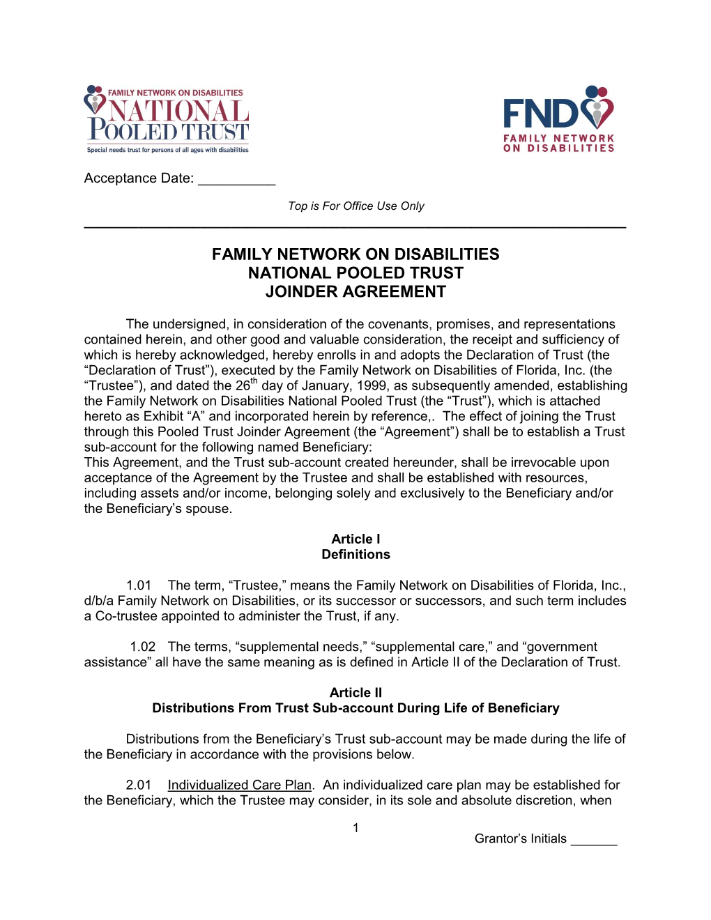 Family Network on Disabilities National Pooled Trust Joinder Agreement