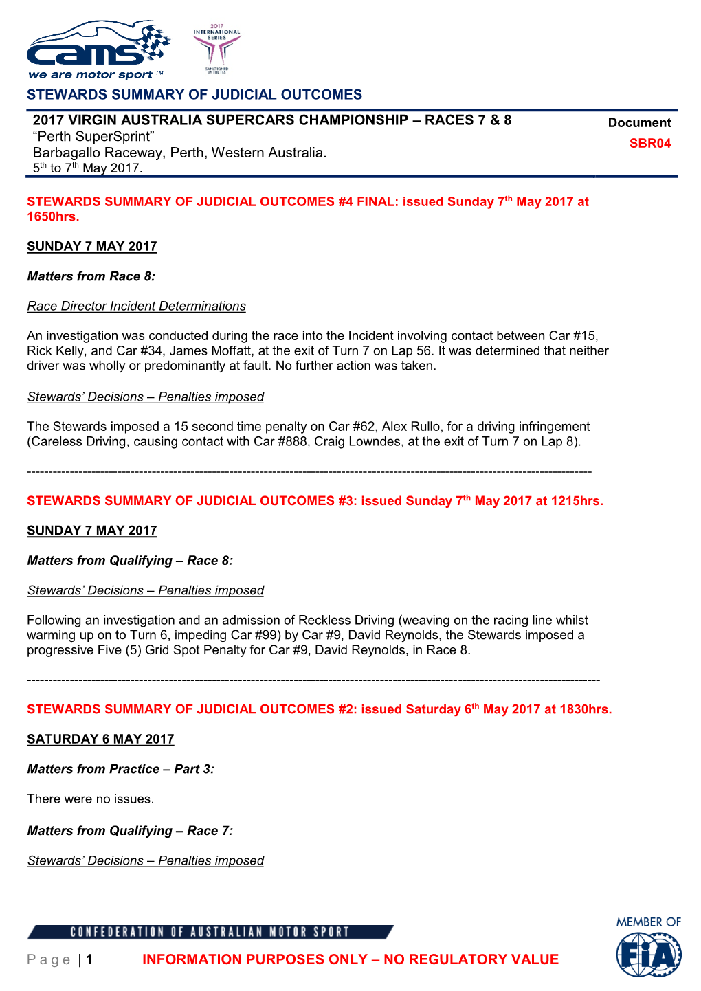 STEWARDS SUMMARY of JUDICIAL OUTCOMES Page