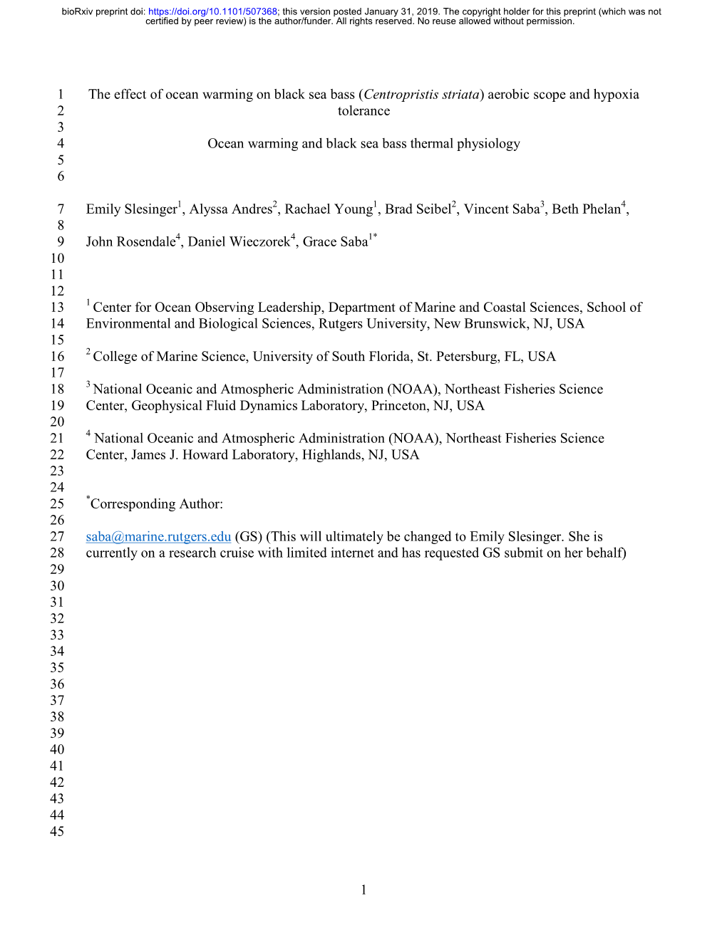 Centropristis Striata) Aerobic Scope and Hypoxia 2 Tolerance 3 4 Ocean Warming and Black Sea Bass Thermal Physiology 5 6