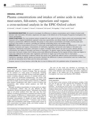 Plasma Concentrations and Intakes of Amino Acids in Male Meat-Eaters, ﬁsh-Eaters, Vegetarians and Vegans: a Cross-Sectional Analysis in the EPIC-Oxford Cohort