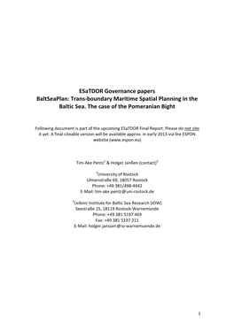 Esatdor Governance Papers Baltseaplan: Trans-Boundary Maritime Spatial Planning in the Baltic Sea