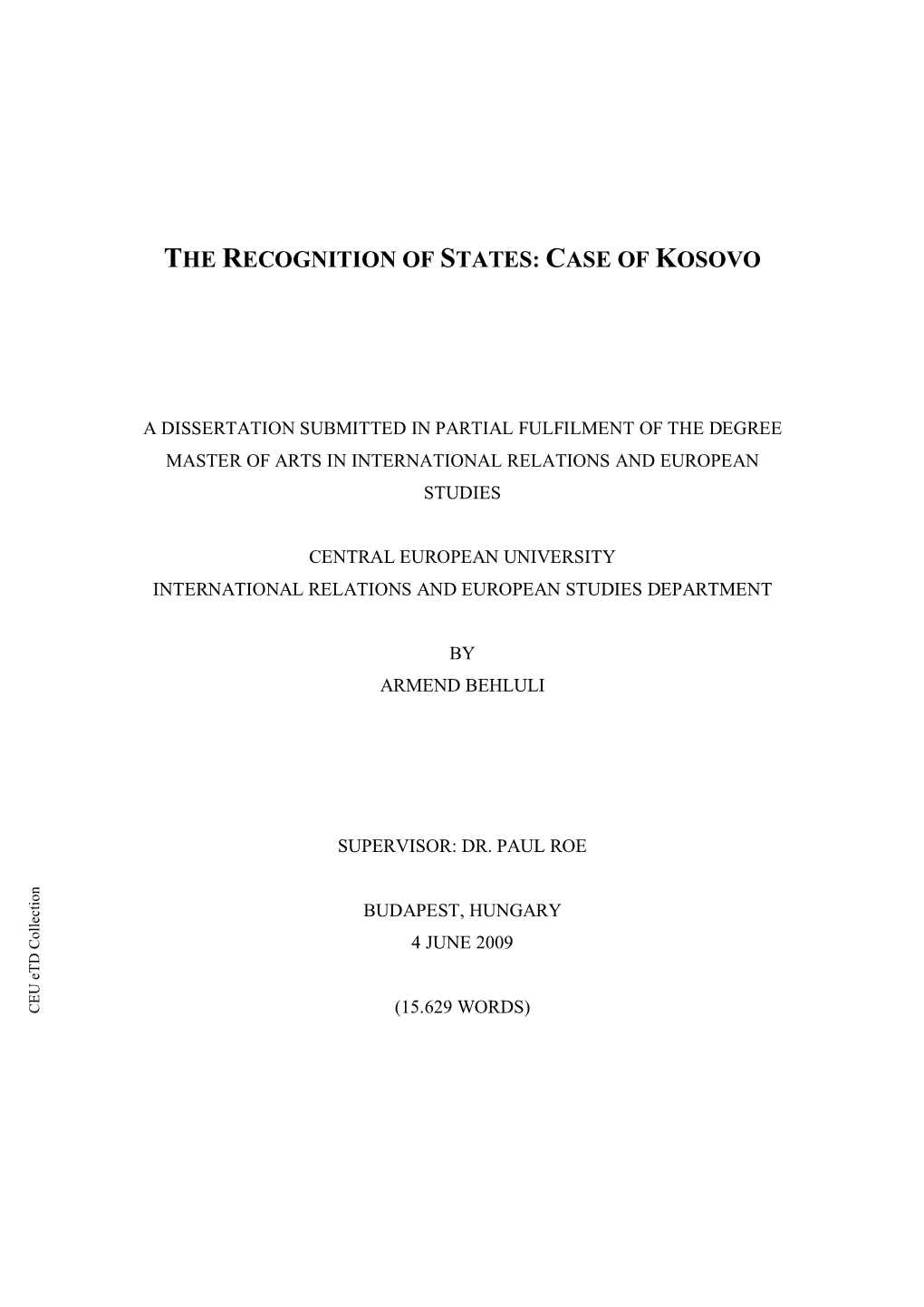 The Recognition of States: Case of Kosovo