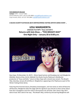 LESLI MARGHERITA (Adelaide from BCP’S “Guys and Dolls”) Returns with Solo Show … “THIS BROAD’S WAY” One Night Only -- January 20 at 8:00 P.M