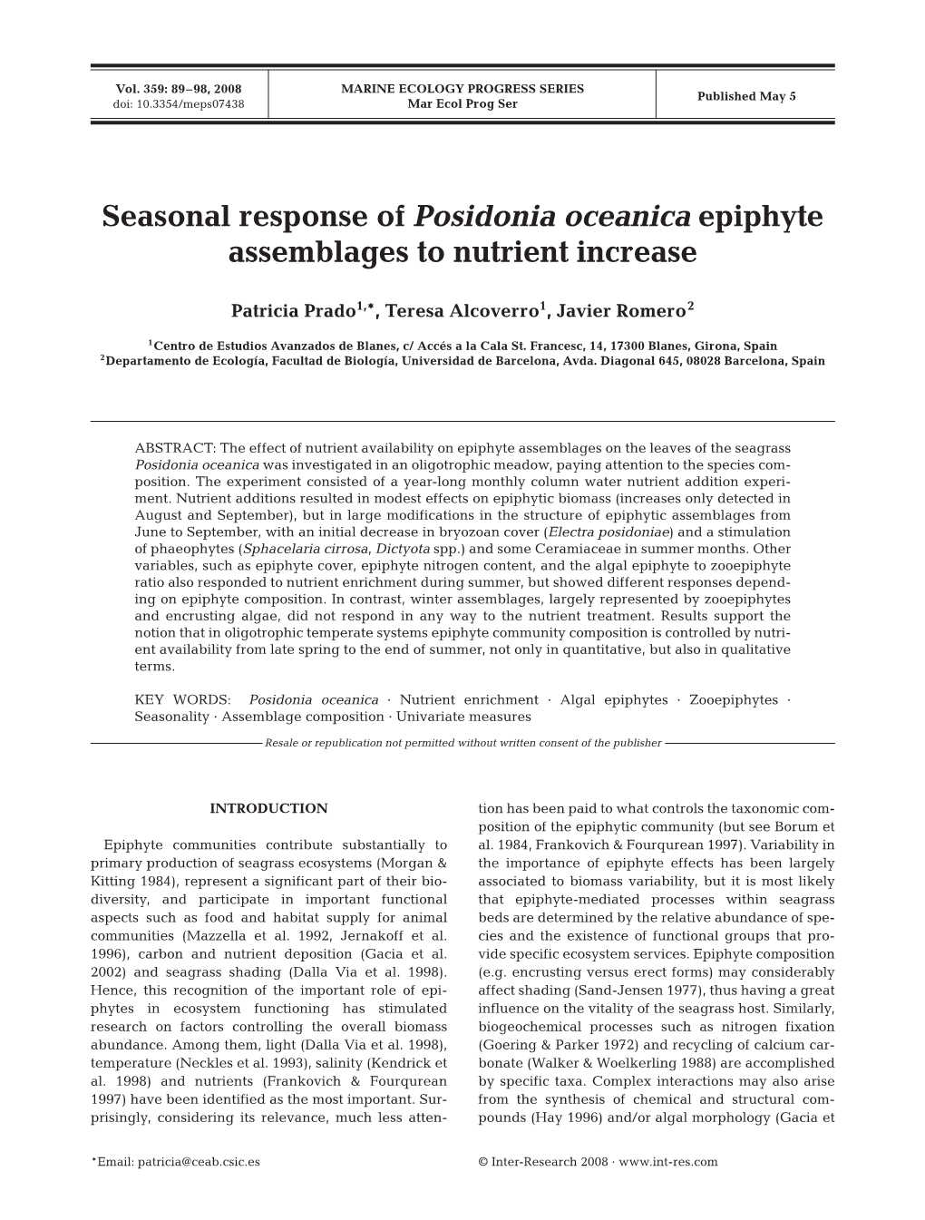 Seasonal Response of Posidonia Oceanica Epiphyte Assemblages to Nutrient Increase