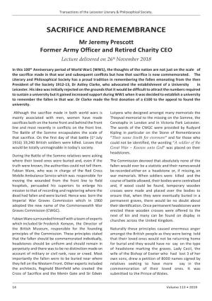 SACRIFICE and REMEMBRANCE Mr Jeremy Prescott Former Army Officer and Retired Charity CEO Lecture Delivered on 26Th November 2018