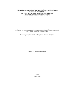 Universidad Pedagógica Y Tecnológica De Colombia Facultad De Ciencias Escuela De Ciencias Biológicas-Posgrado Maestría En Ciencias Biológicas