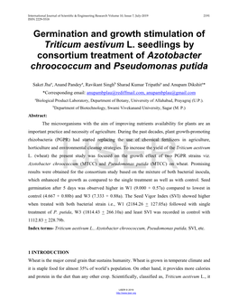 Germination and Growth Stimulation of Triticum Aestivum L. Seedlings by Consortium Treatment of Azotobacter Chroococcum and Pseudomonas Putida