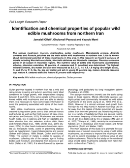Identification and Chemical Properties of Popular Wild Edible Mushrooms from Northern Iran