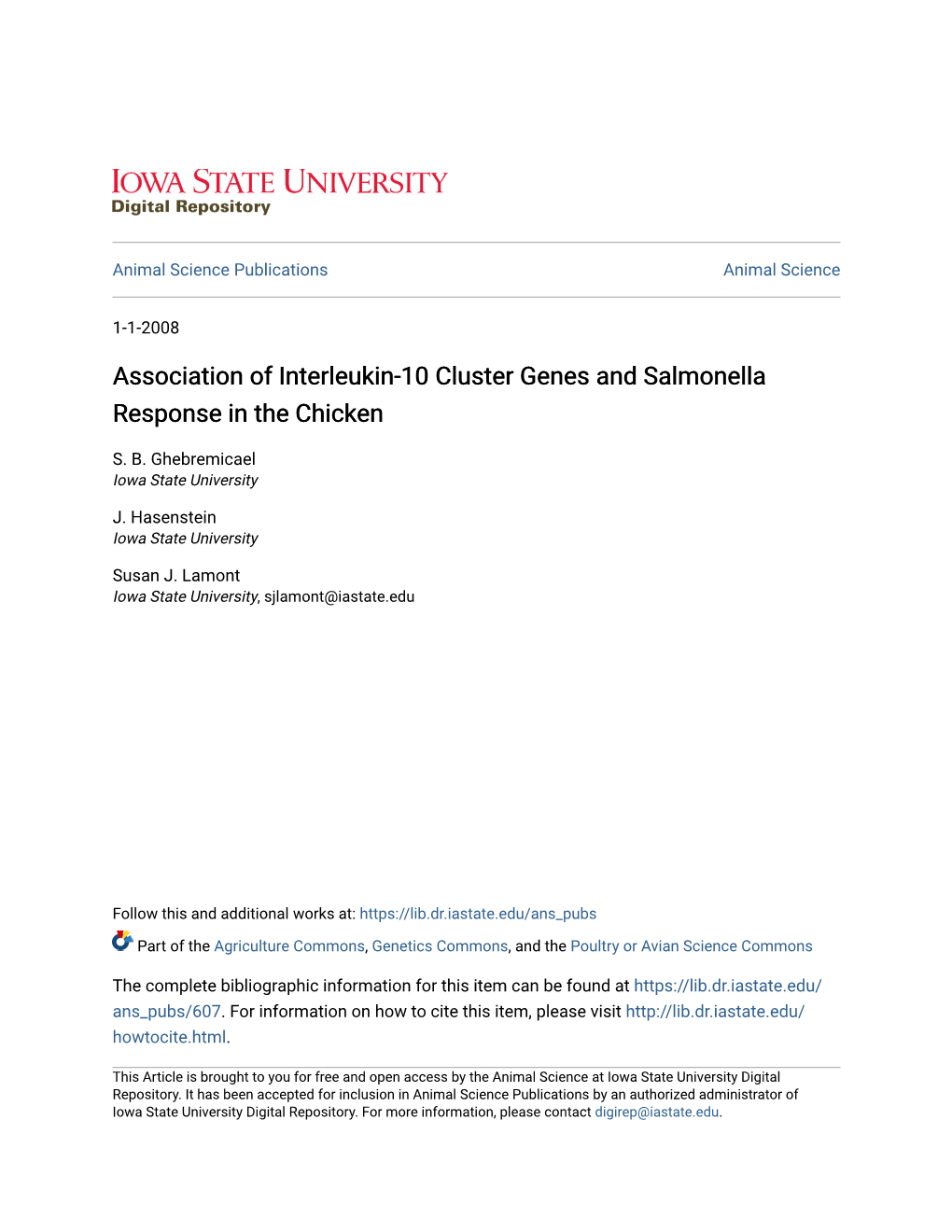 Association of Interleukin-10 Cluster Genes and Salmonella Response in the Chicken