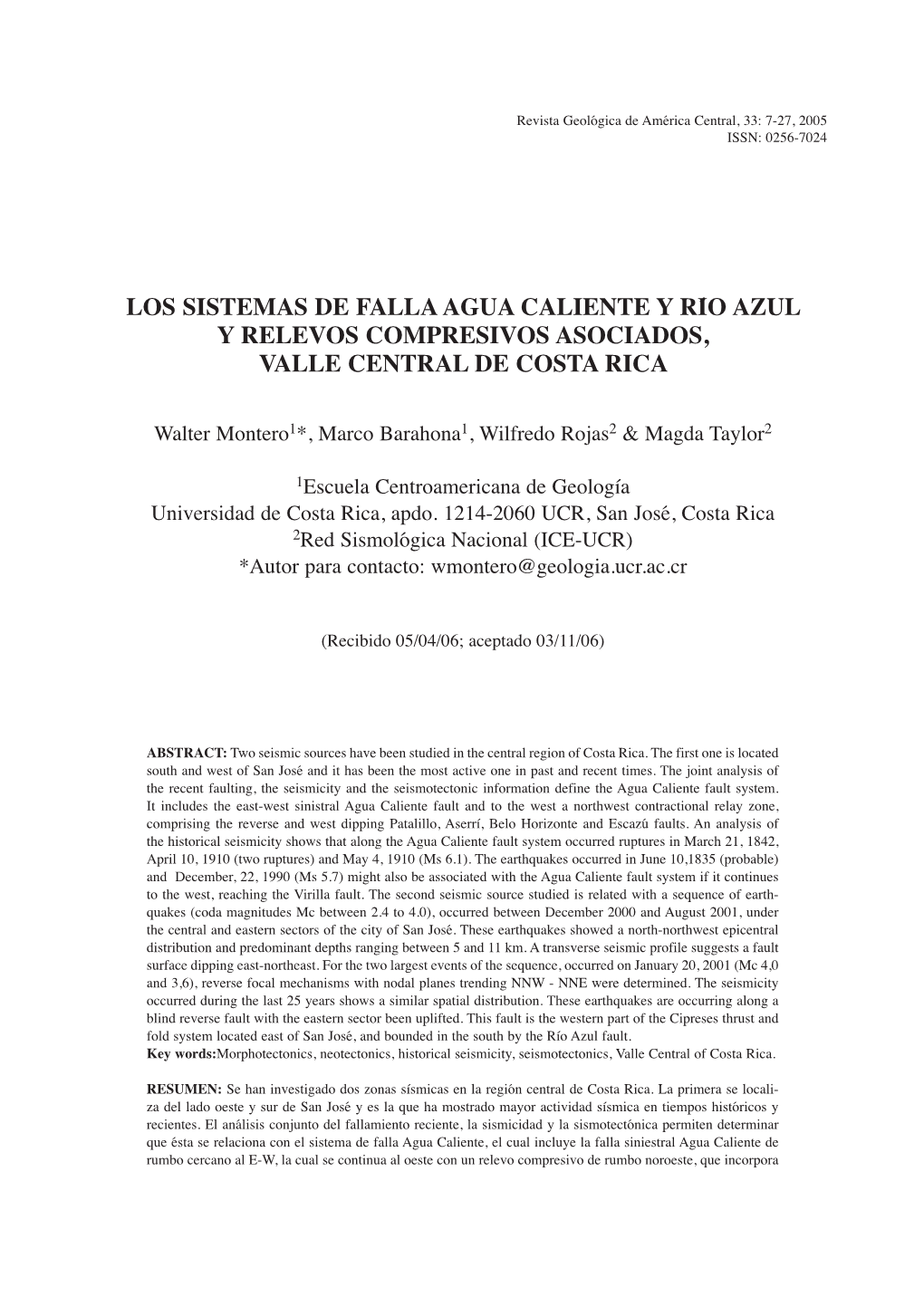 Los Sistemas De Falla Agua Caliente Y Río Azul Y Relevos Compresivos Asociados, Valle Central De Costa Rica