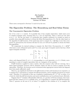 The Eigenvalue Problem: the Hessenberg and Real Schur Forms