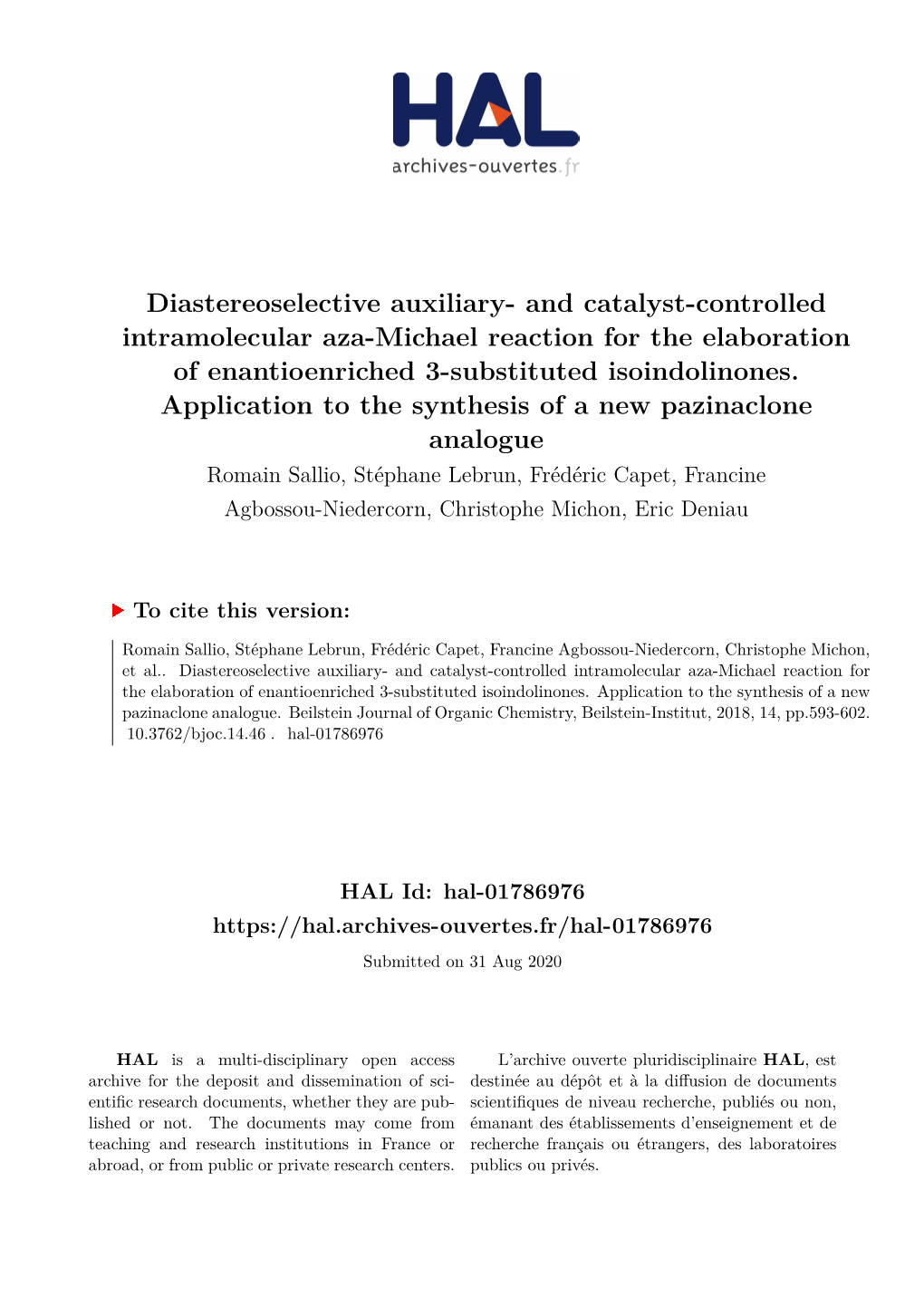 Diastereoselective Auxiliary- and Catalyst-Controlled Intramolecular Aza-Michael Reaction for the Elaboration of Enantioenriched 3-Substituted Isoindolinones