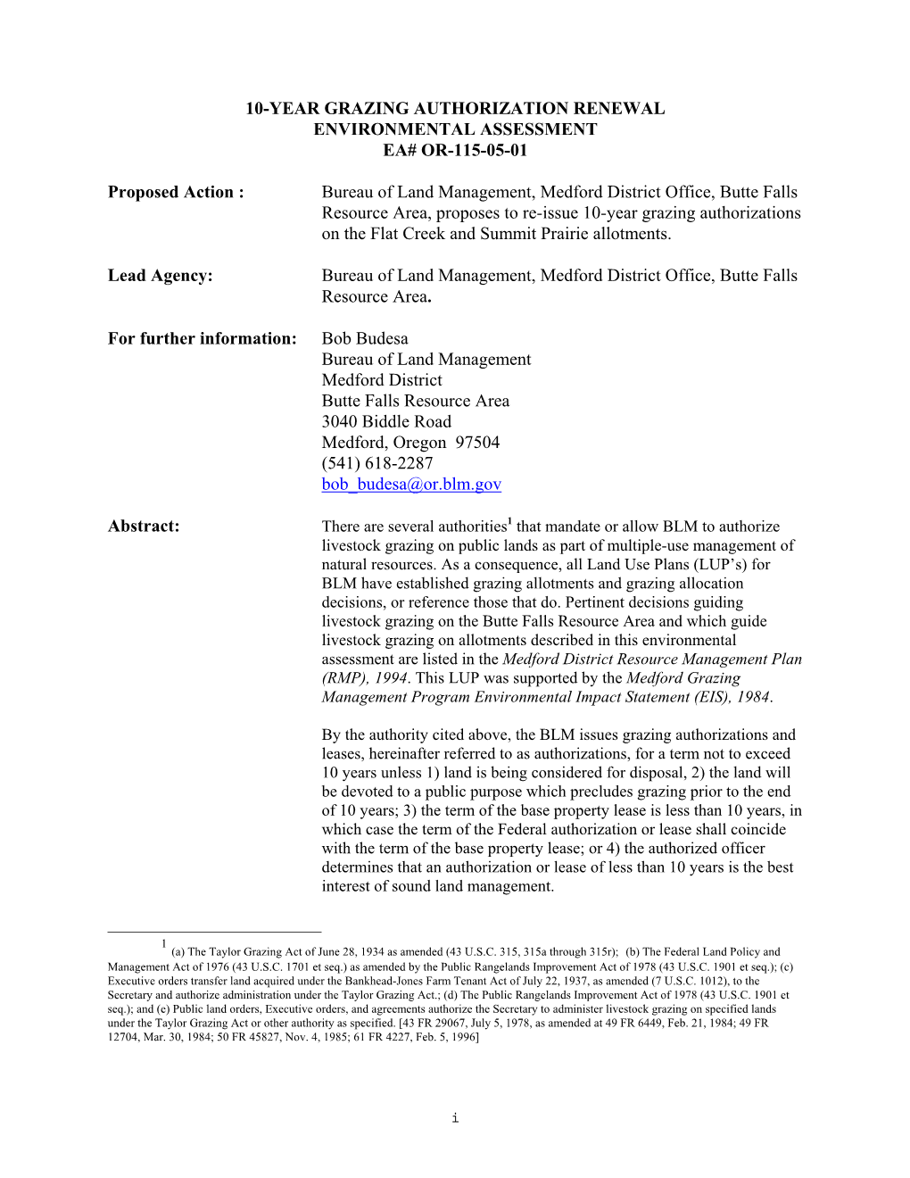 Ear Grazing Authorization Renewal Environmental Assessment Ea# Or-115-05-01