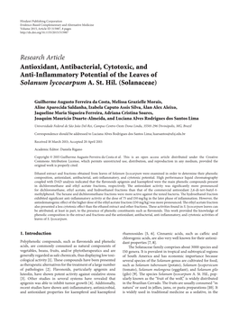 Antioxidant, Antibacterial, Cytotoxic, and Anti-Inflammatory Potential of the Leaves of Solanum Lycocarpum A