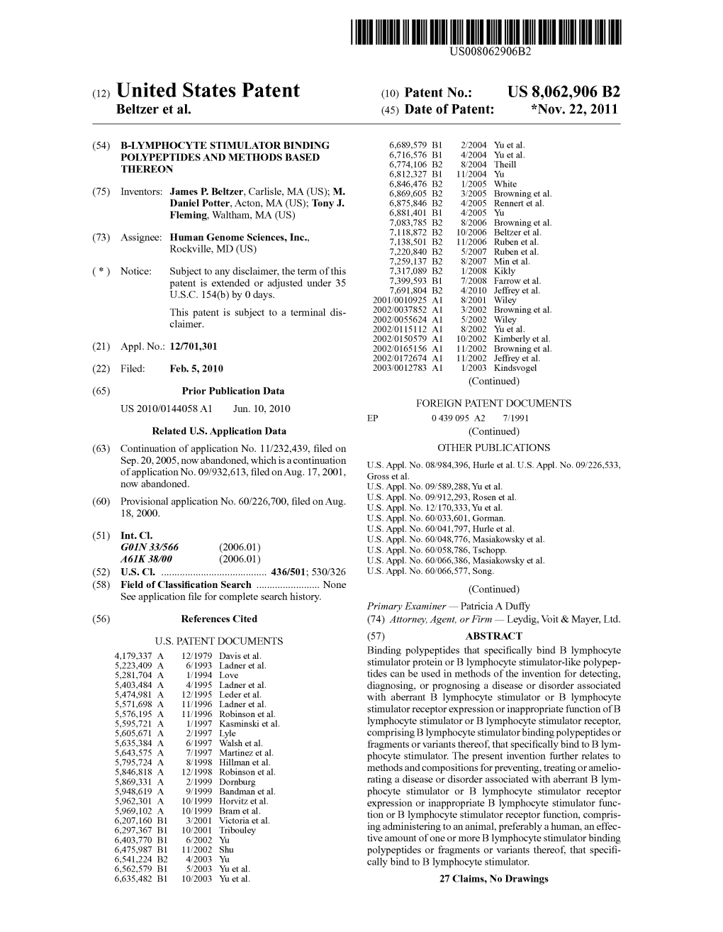 (12) United States Patent (10) Patent No.: US 8,062.906 B2 Beltzer Et Al