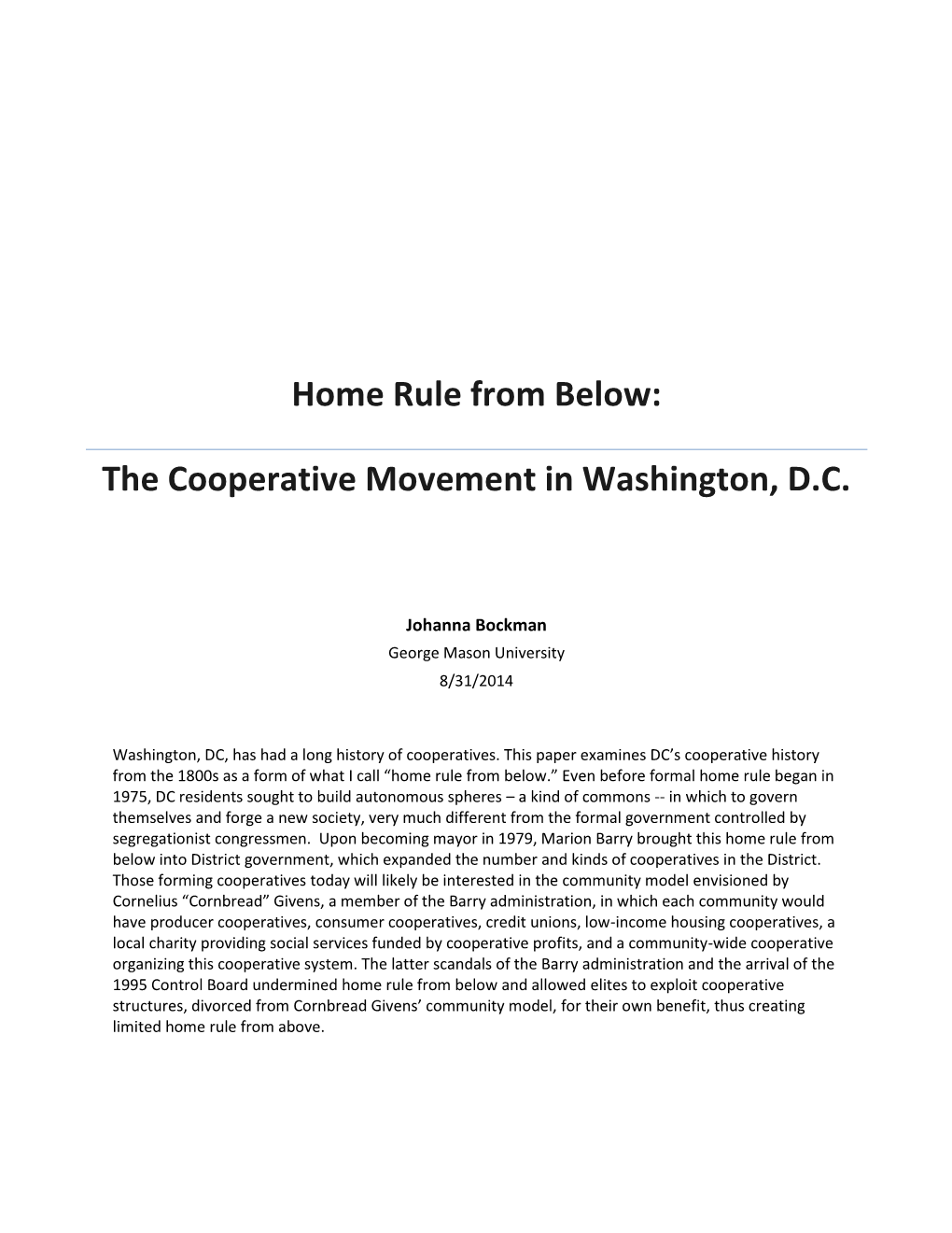 The Cooperative Movement in Washington, DC