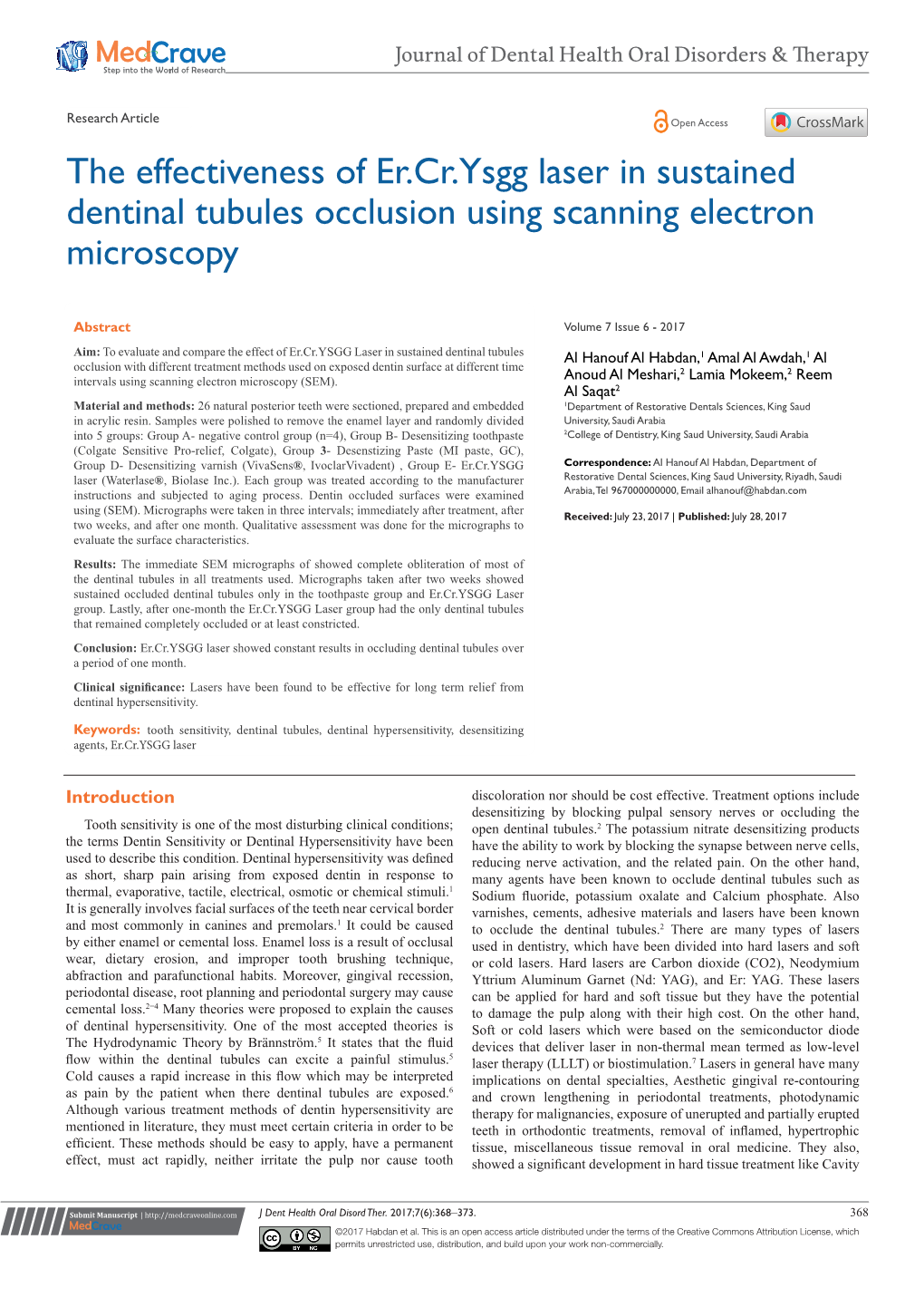 The Effectiveness of Er.Cr.Ysgg Laser in Sustained Dentinal Tubules Occlusion Using Scanning Electron Microscopy