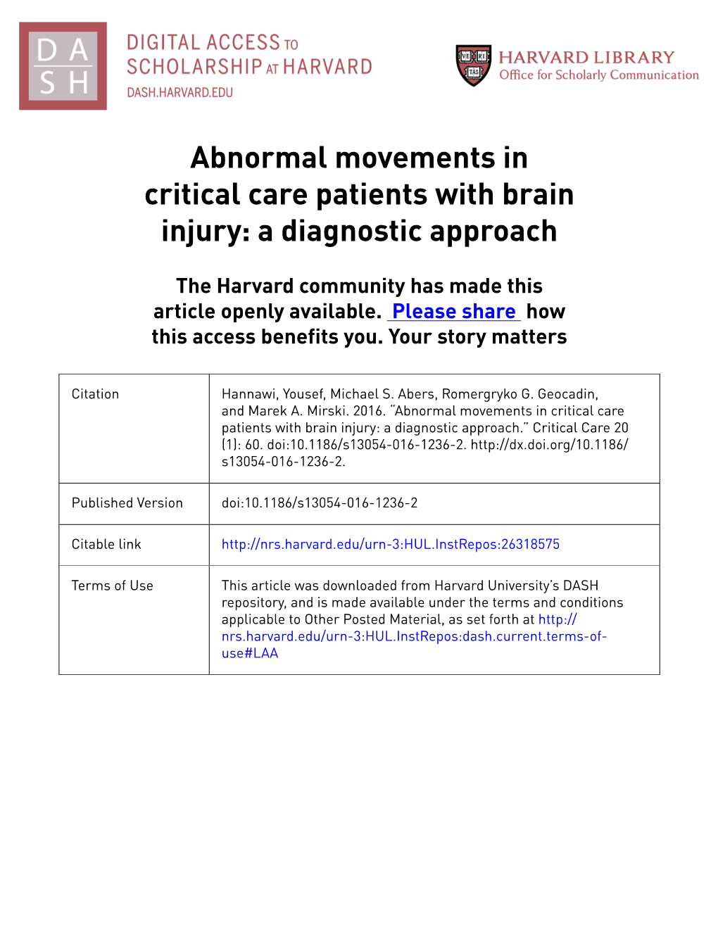 Abnormal Movements in Critical Care Patients with Brain Injury: a Diagnostic Approach