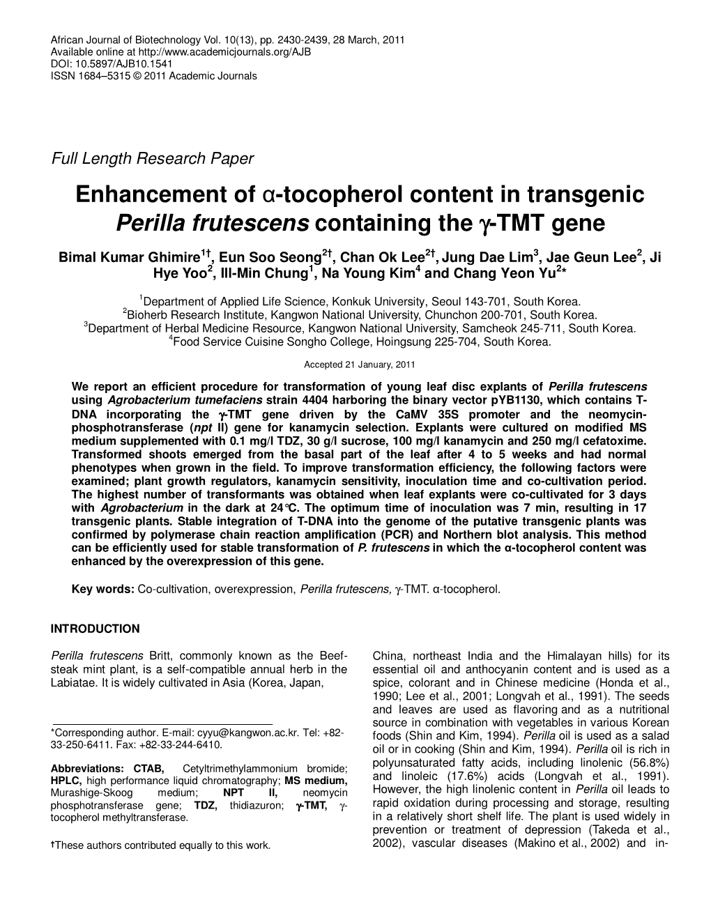 Enhancement of Α-Tocopherol Content in Transgenic Perilla Frutescens Containing the Γγγ-TMT Gene