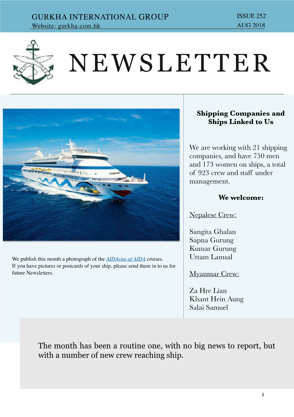 ISSUEISSUE 252252 Website: Gurkha.Com.Hk AUG 20182018 NEWSLETTER