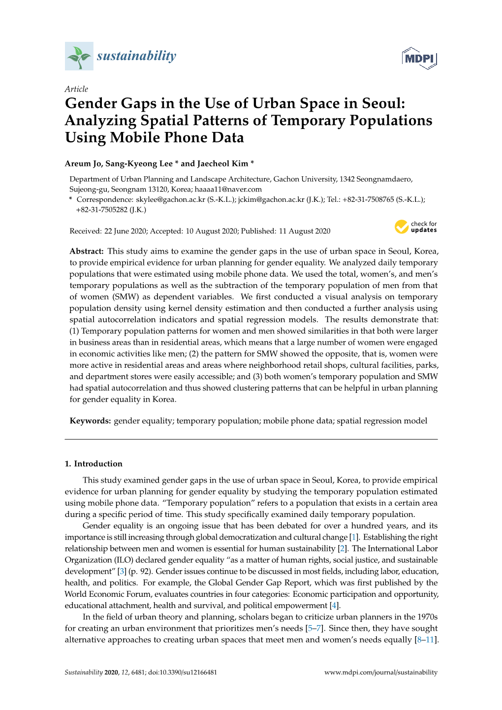 Gender Gaps in the Use of Urban Space in Seoul: Analyzing Spatial Patterns of Temporary Populations Using Mobile Phone Data