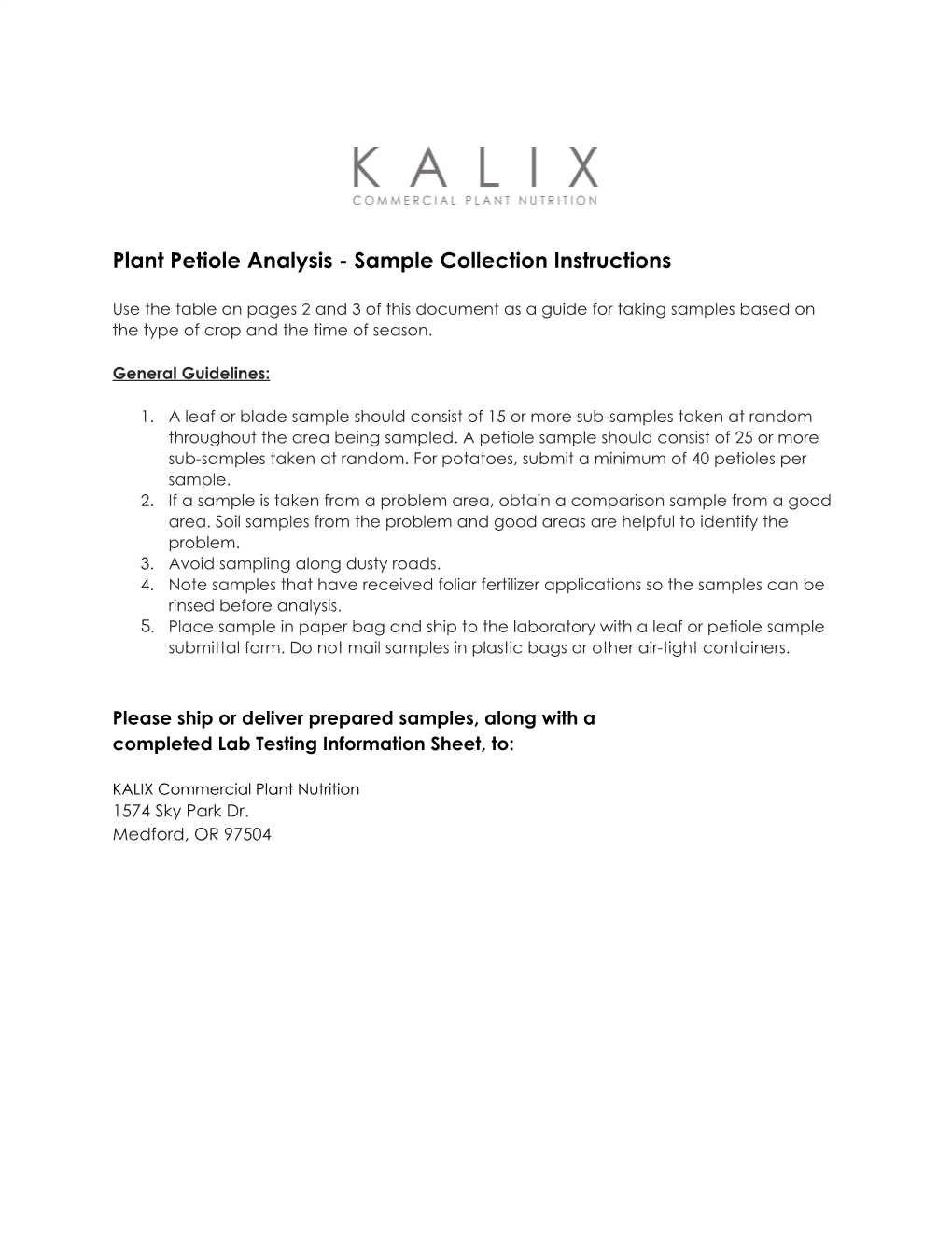 Plant Petiole Analysis - Sample Collection Instructions