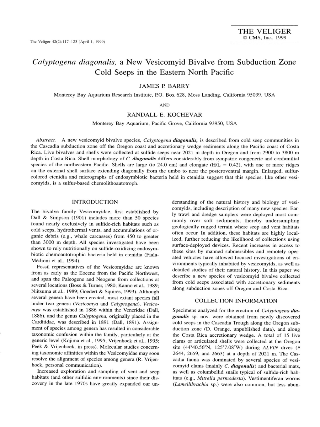 Calyptogena Diagonalis, a New Vesicomyid Bivalve from Subduction Zone Cold Seeps in the Eastern North Pacific JAMES P