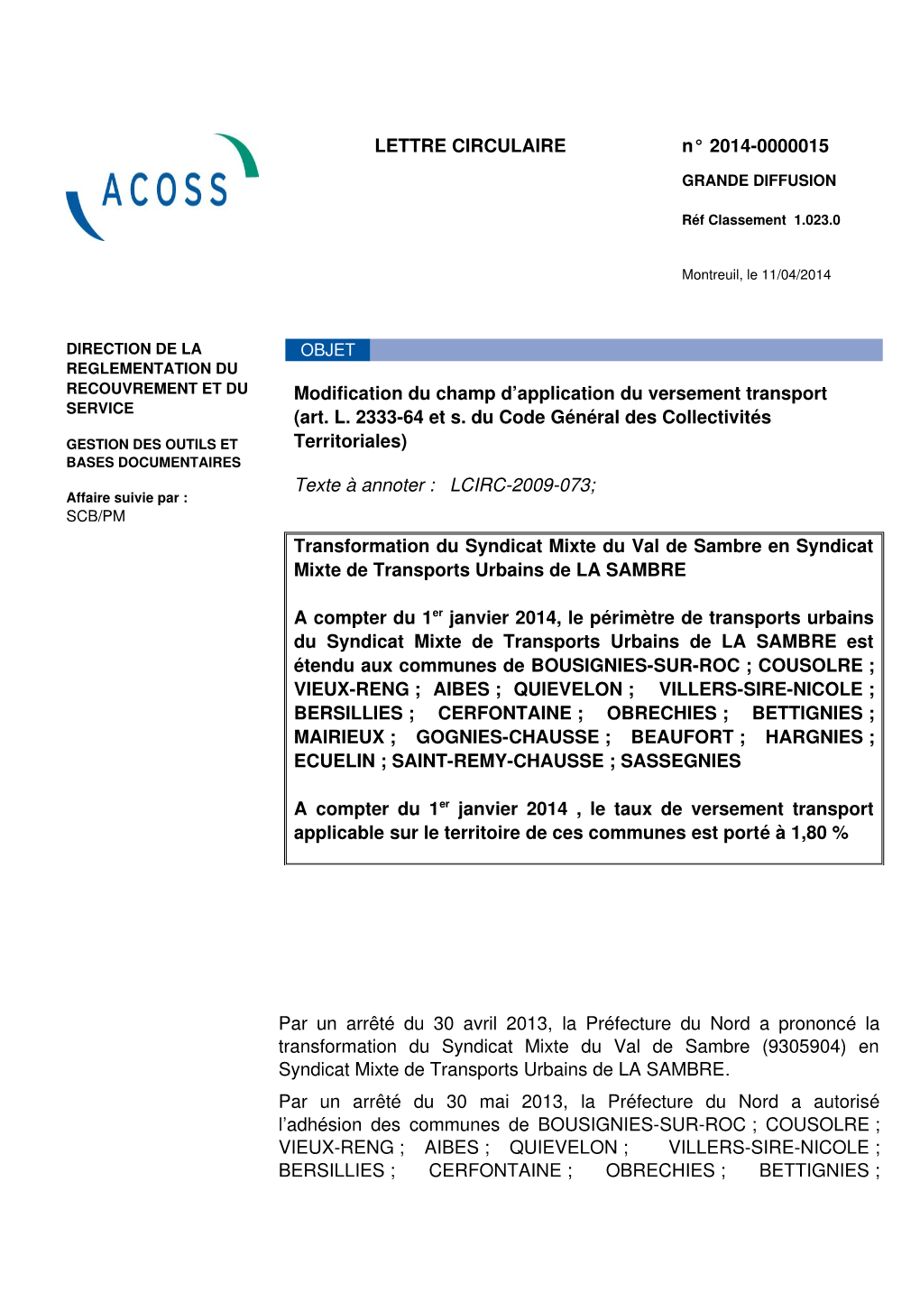 LETTRE CIRCULAIRE N° 20140000015 Modification