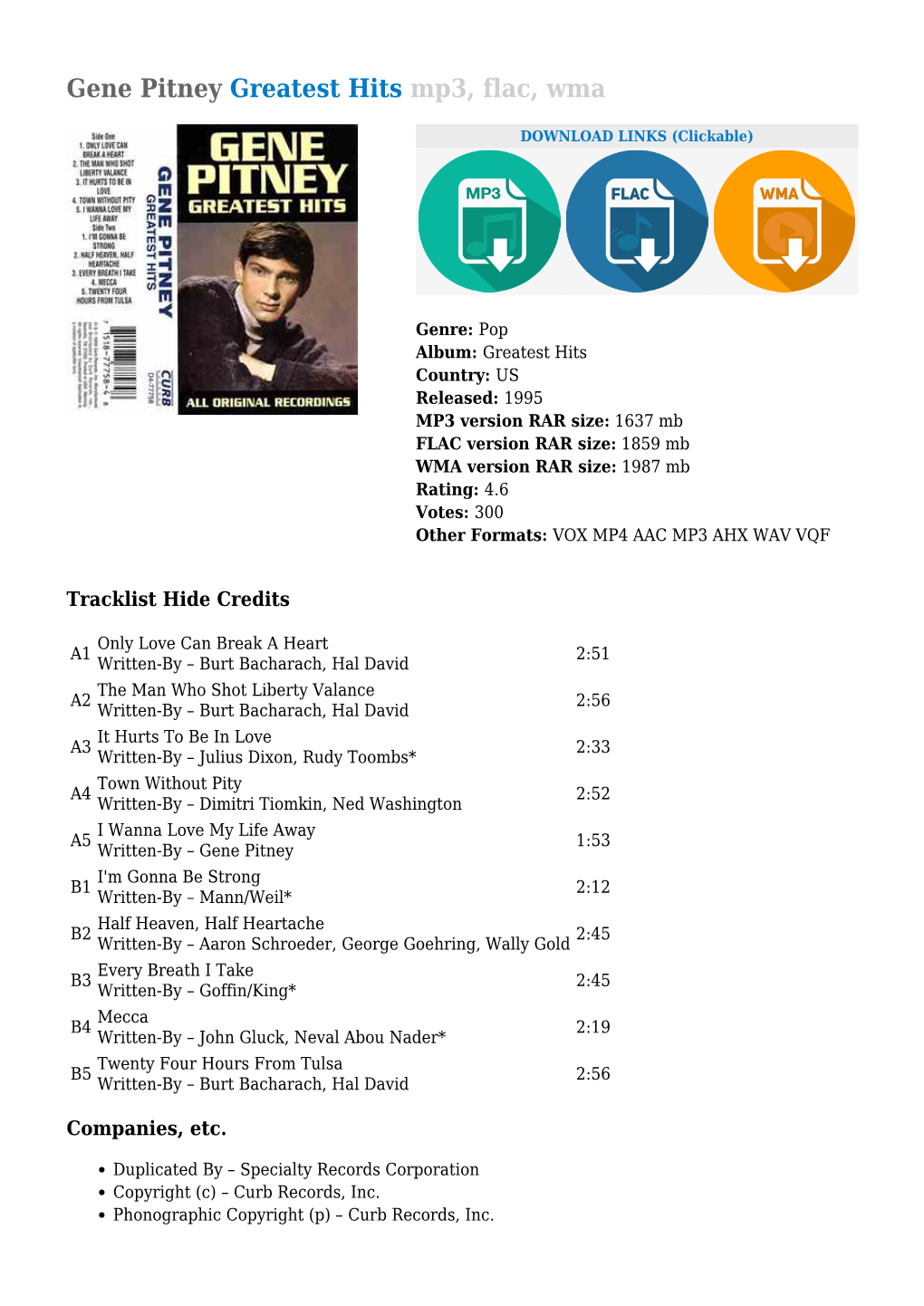 Gene Pitney Greatest Hits Mp3, Flac, Wma