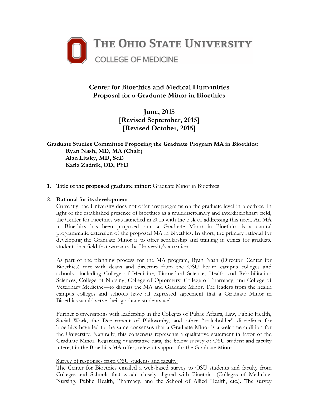 Proposal to Create a Graduate Minor in Bioethics