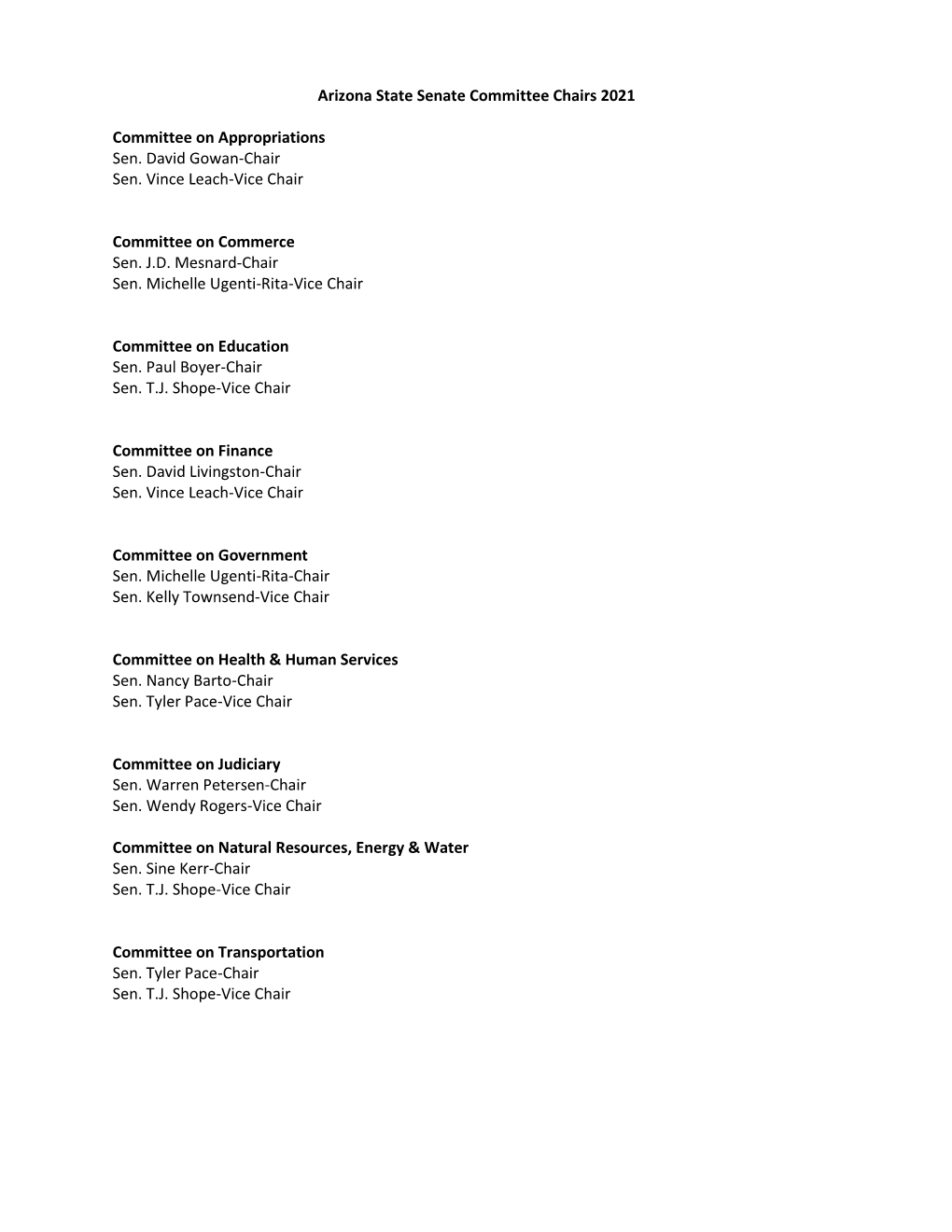 Arizona State Senate Committee Chairs 2021 Committee on Appropriations Sen. David Gowan-Chair Sen. Vince Leach-Vice Chair Commit