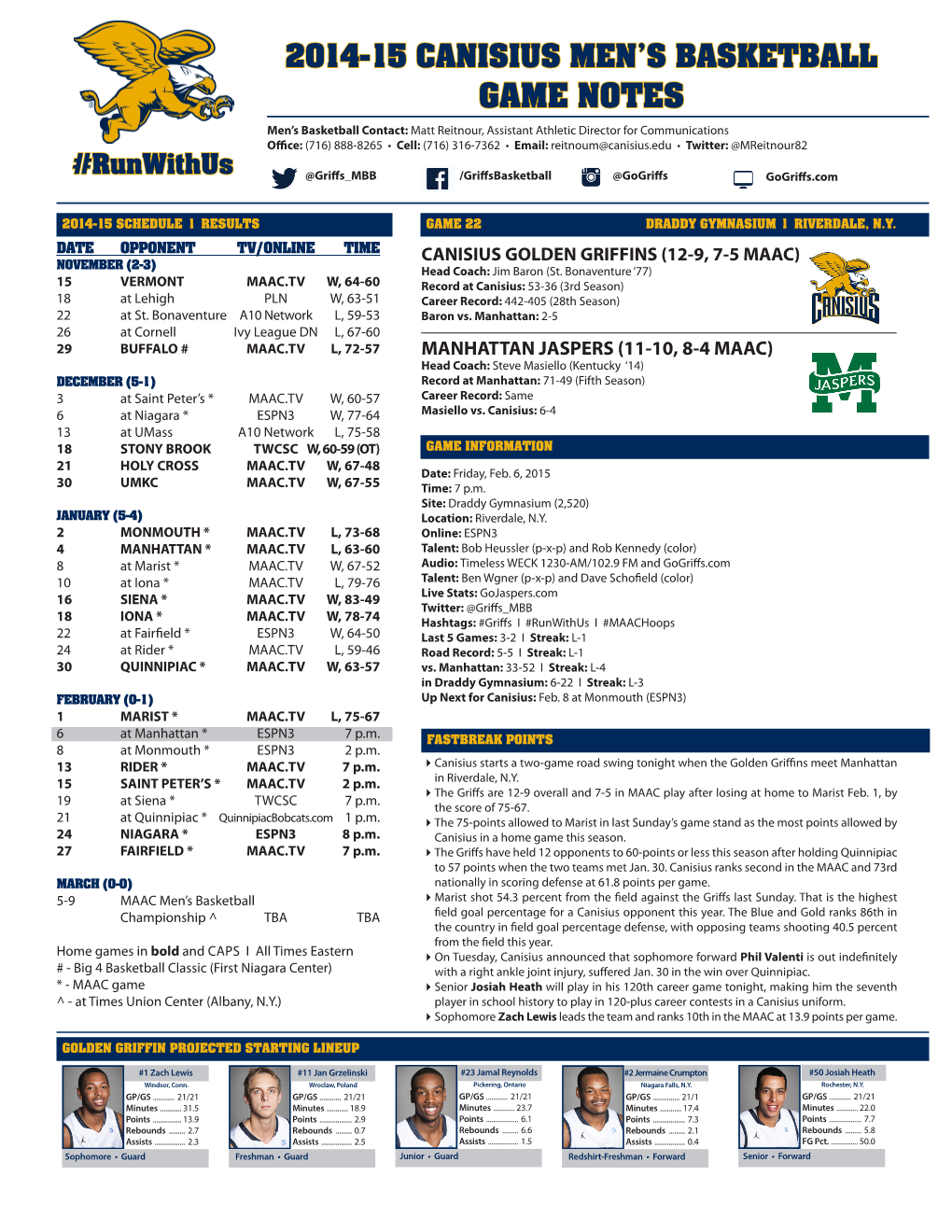 Canisius Men's Basketball Game Notes